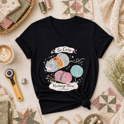 So Cozy Knitting Time Cat Yarn Women's V-Neck - Black
