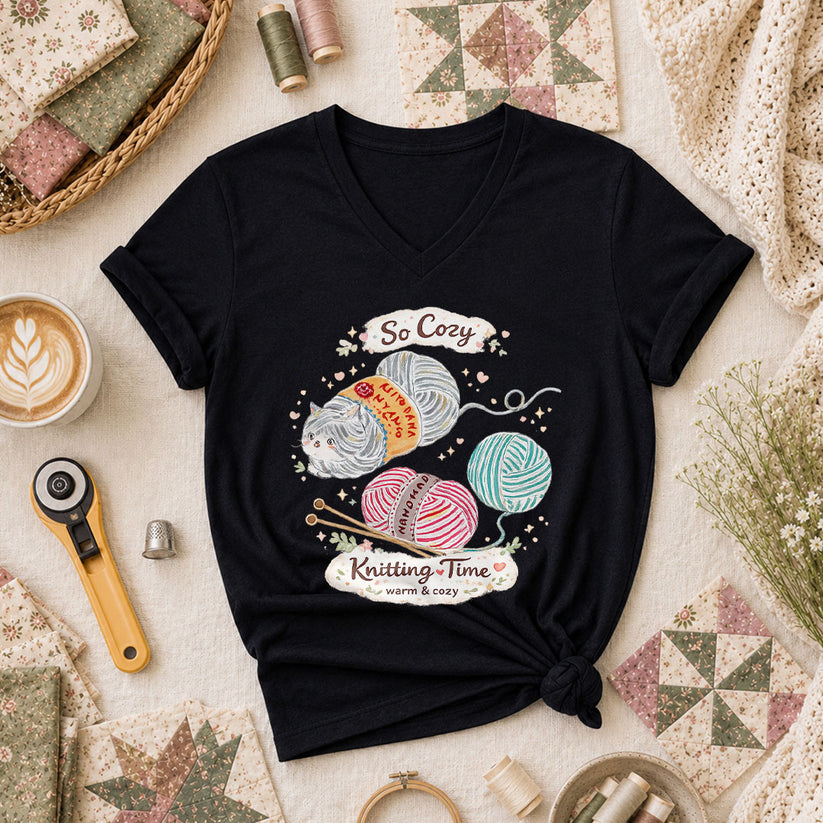 So Cozy Knitting Time Cat Yarn Women's V-Neck - Black