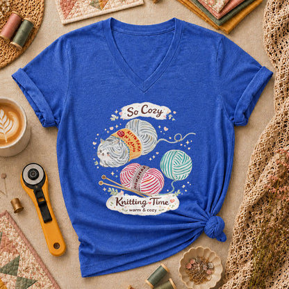 So Cozy Knitting Time Cat Yarn Women's V-Neck - Heather True Royal