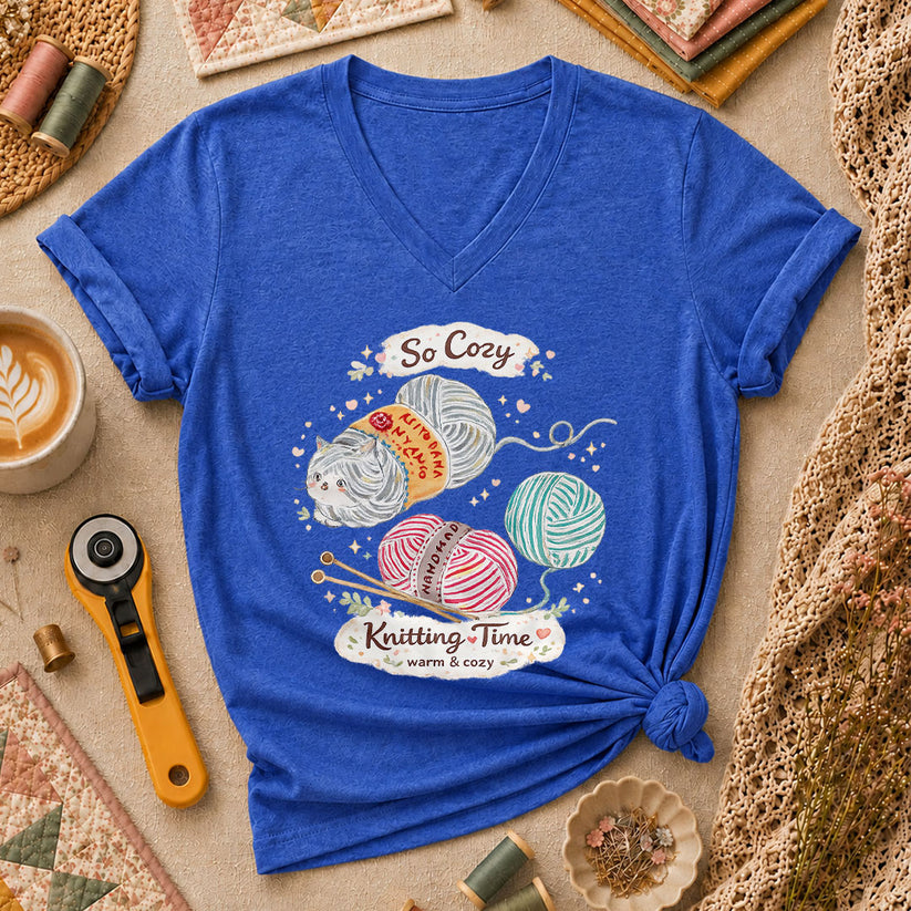 So Cozy Knitting Time Cat Yarn Women's V-Neck - Heather True Royal