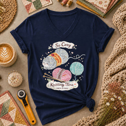 So Cozy Knitting Time Cat Yarn Women's V-Neck - Navy