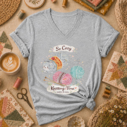 So Cozy Knitting Time Cat Yarn Women's V-Neck - Sport Grey