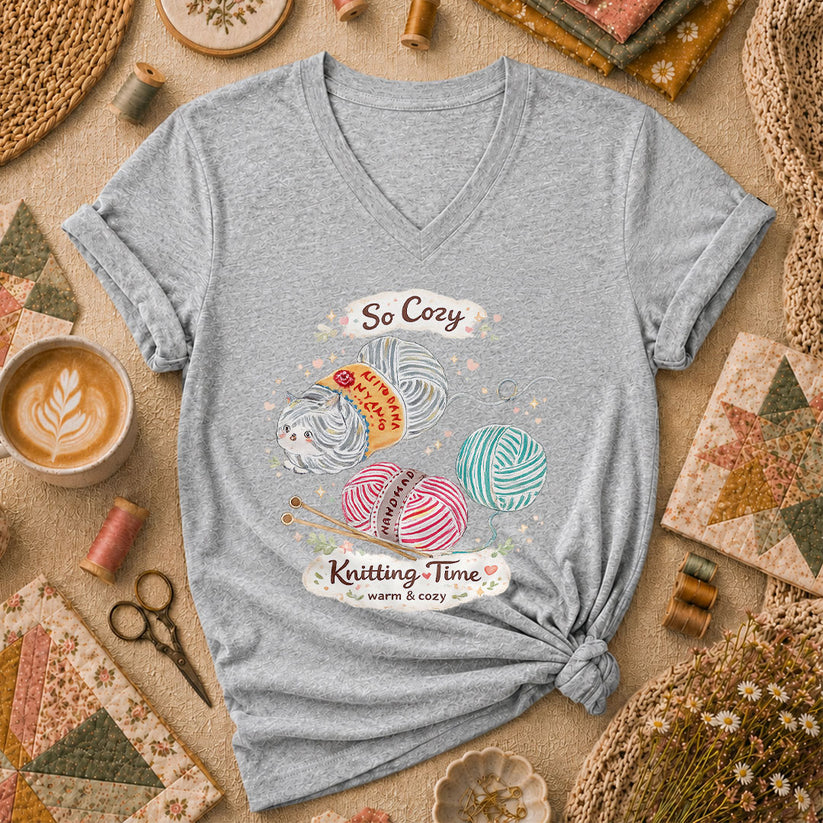 So Cozy Knitting Time Cat Yarn Women's V-Neck - Sport Grey
