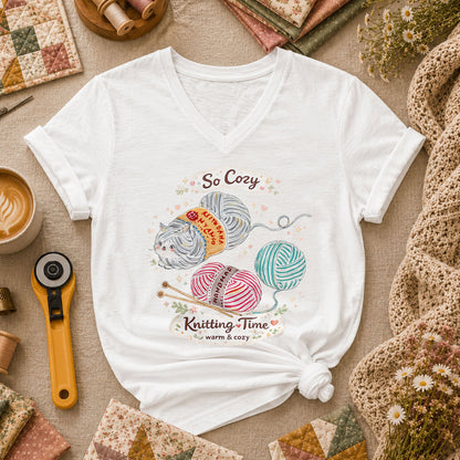 So Cozy Knitting Time Cat Yarn Women's V-Neck - White