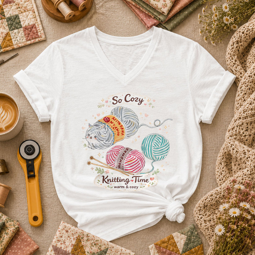 So Cozy Knitting Time Cat Yarn Women's V-Neck - White
