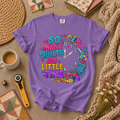 So Many Quilts So Little Time Clock T-Shirt - Heather Team Purple
