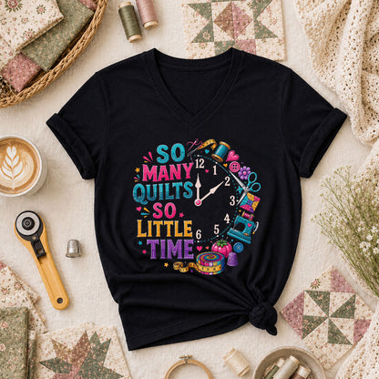 So Many Quilts So Little Time Clock Women's V-Neck - Black