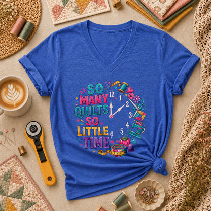 So Many Quilts So Little Time Clock Women's V-Neck - Heather True Royal