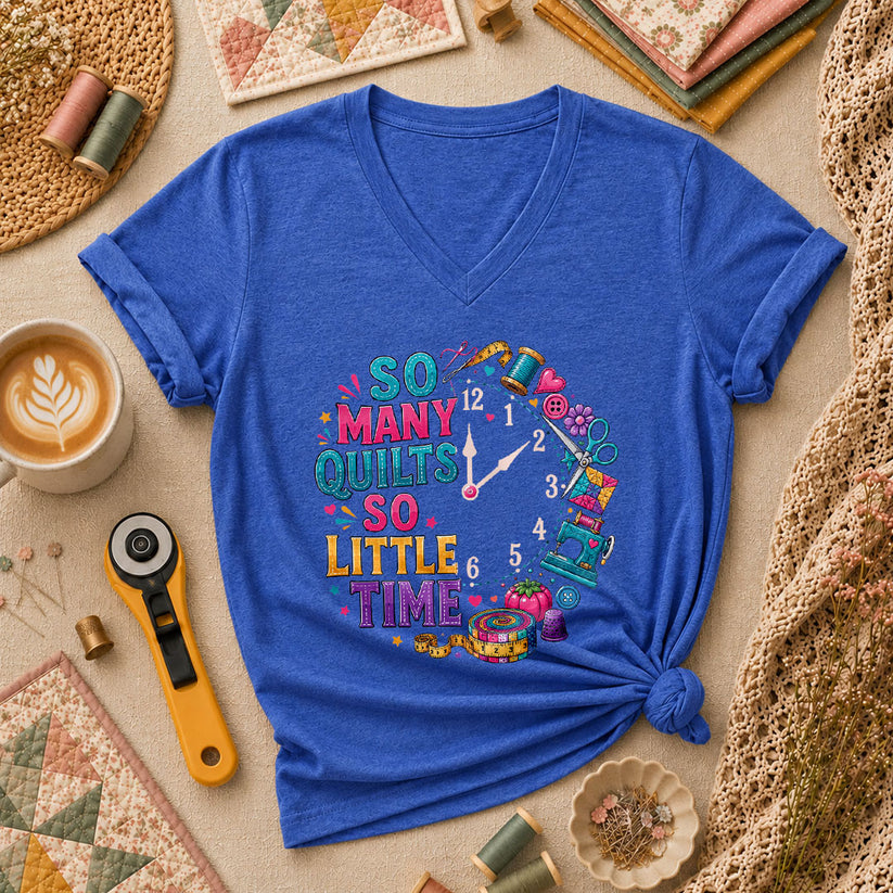 So Many Quilts So Little Time Clock Women's V-Neck - Heather True Royal