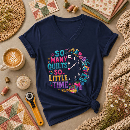 So Many Quilts So Little Time Clock Women's V-Neck - Navy