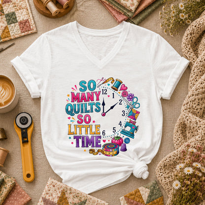 So Many Quilts So Little Time Clock Women's V-Neck - White