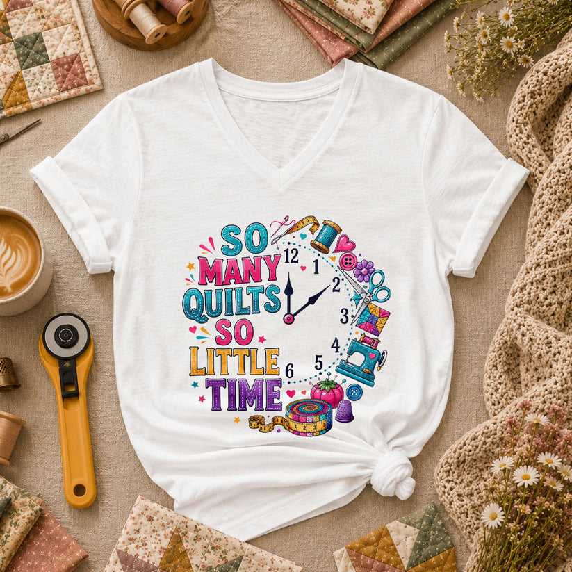 So Many Quilts So Little Time Clock Women's V-Neck - White