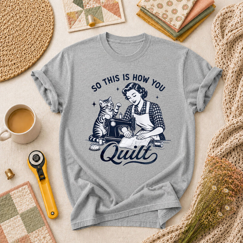 So This Is How You Quilt Vintage Cat Woman T-Shirt - Athletic Heather