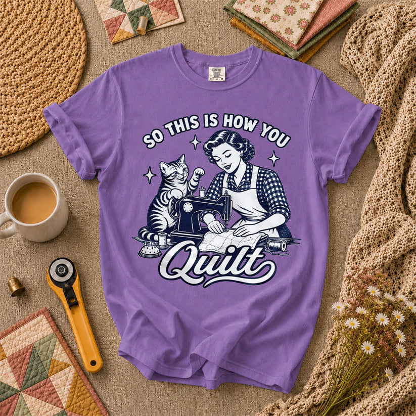 So This Is How You Quilt Vintage Cat Woman T-Shirt - Heather Team Purple