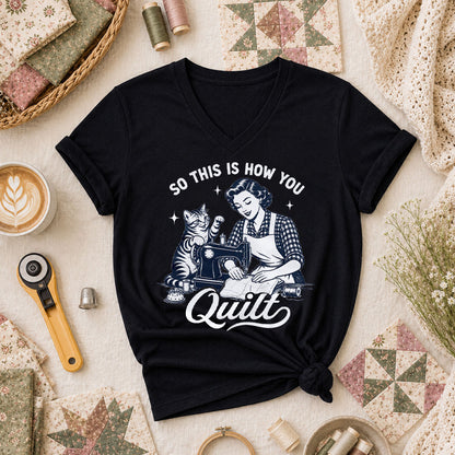 So This Is How You Quilt Vintage Cat Woman Women's V-Neck - Black