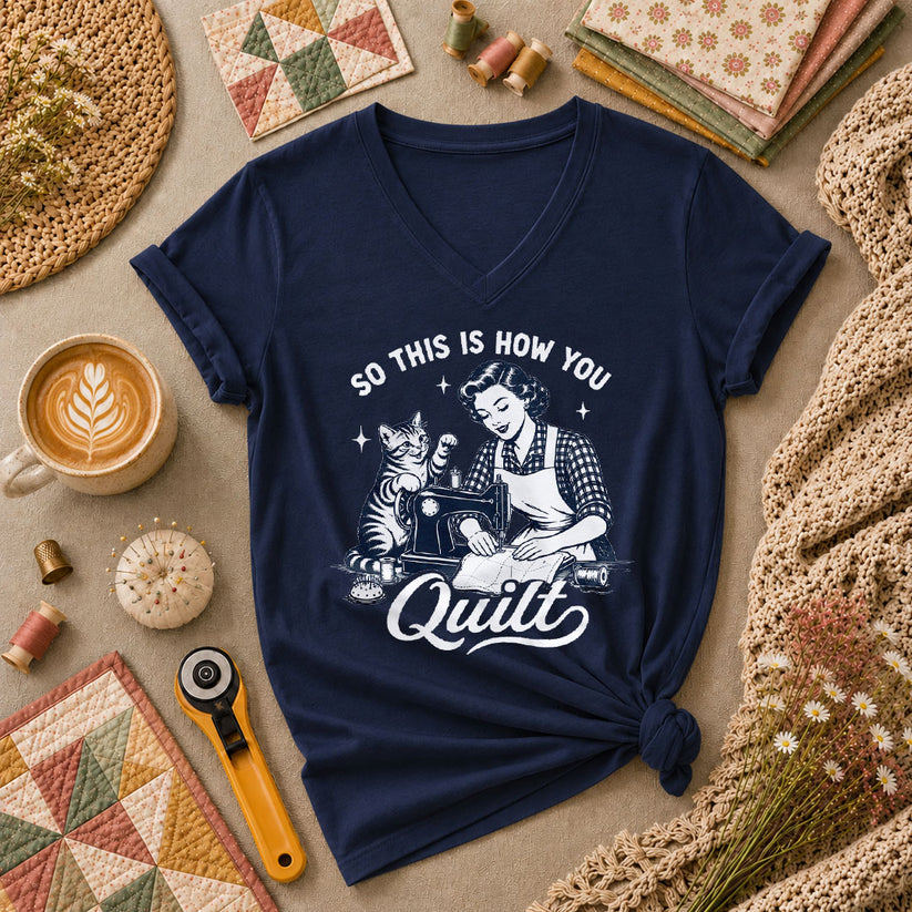 So This Is How You Quilt Vintage Cat Woman Women's V-Neck - Navy