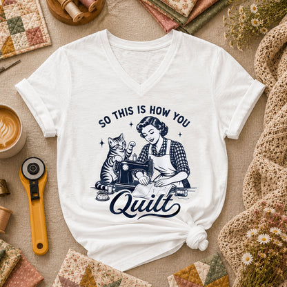 So This Is How You Quilt Vintage Cat Woman Women's V-Neck - White