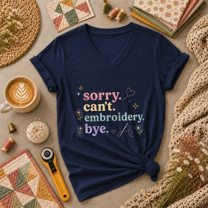 Sorry Cant Embroidery Bye Floral Women's V-Neck - Navy