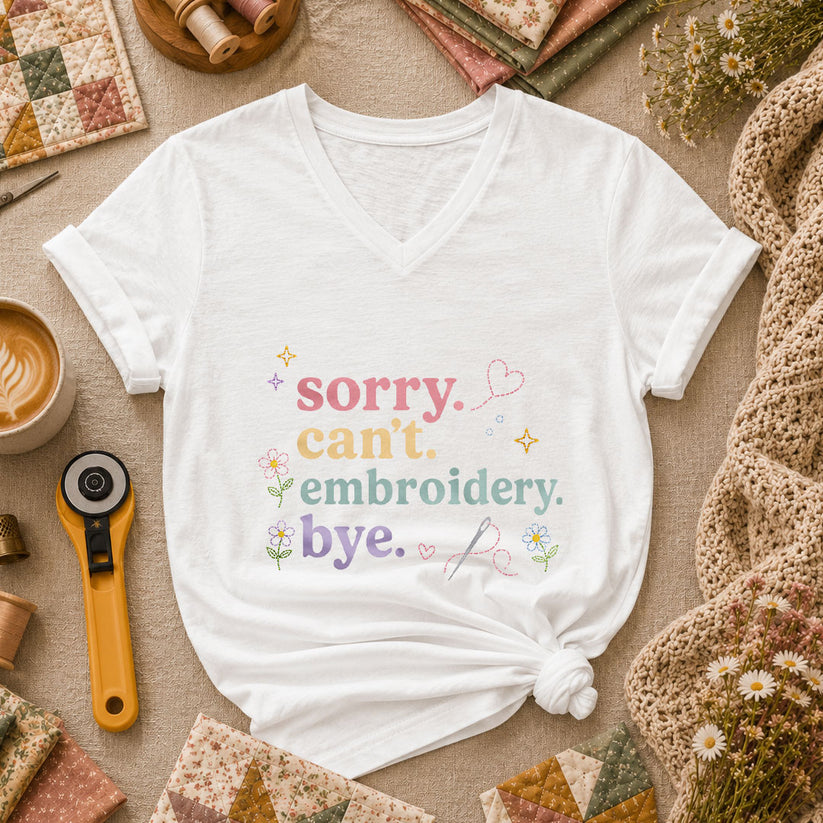 Sorry Cant Embroidery Bye Floral Women's V-Neck - White