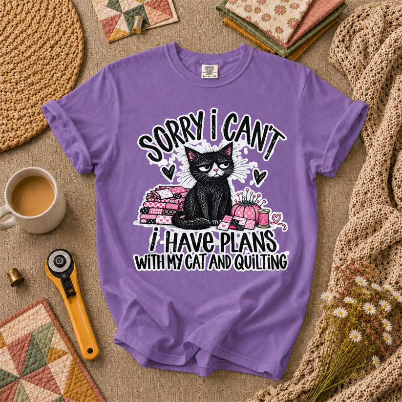 Sorry I Can't I Have Plans With My Cat And Quilting T-Shirt - Heather Team Purple