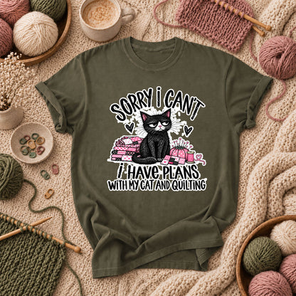 Sorry I Can't I Have Plans With My Cat And Quilting T-Shirt - Military Green