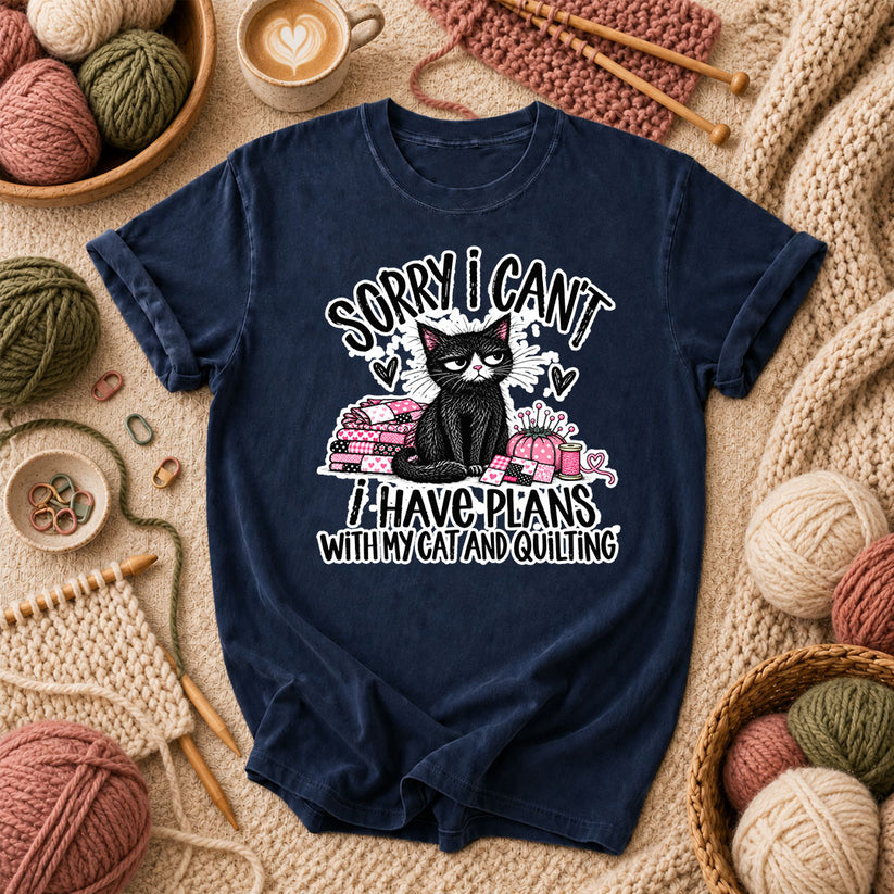 Sorry I Can't I Have Plans With My Cat And Quilting T-Shirt - Navy