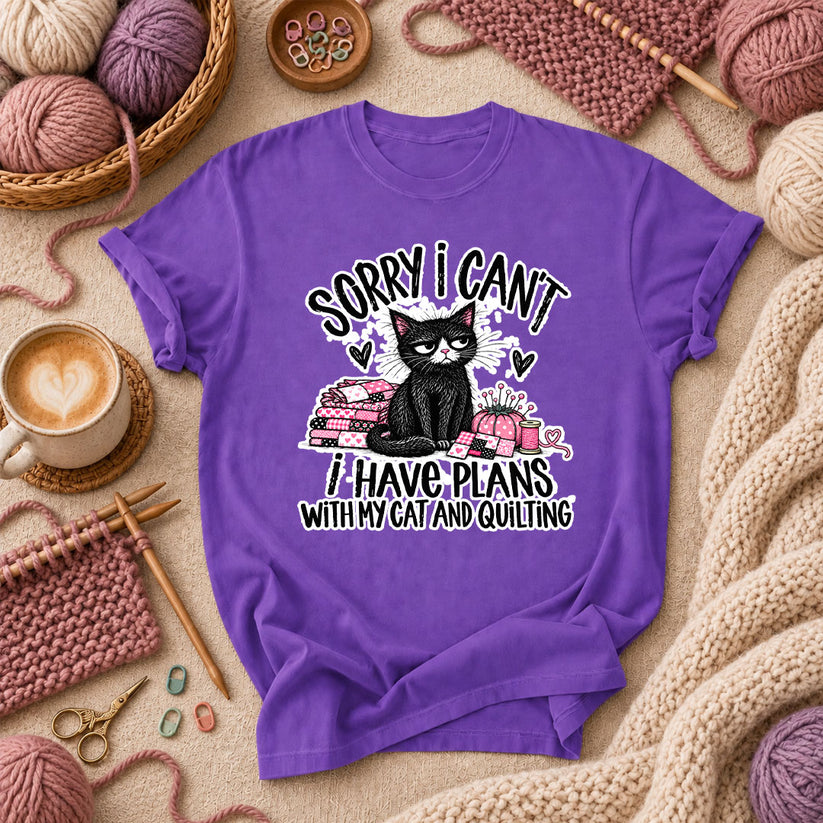 Sorry I Can't I Have Plans With My Cat And Quilting T-Shirt - Purple