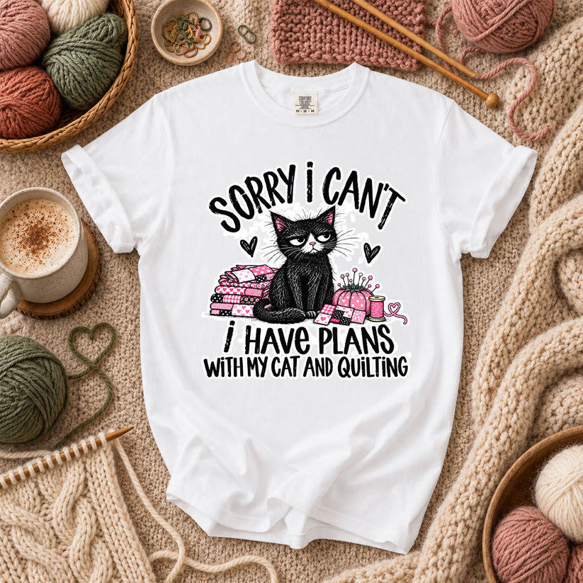 Sorry I Can't I Have Plans With My Cat And Quilting T-Shirt - White