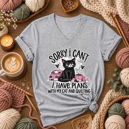 Sorry I Can't I Have Plans With My Cat And Quilting Women's V-Neck - Athletic Heather