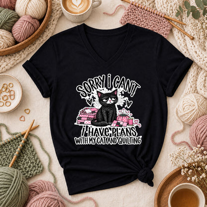 Sorry I Can't I Have Plans With My Cat And Quilting Women's V-Neck - Black