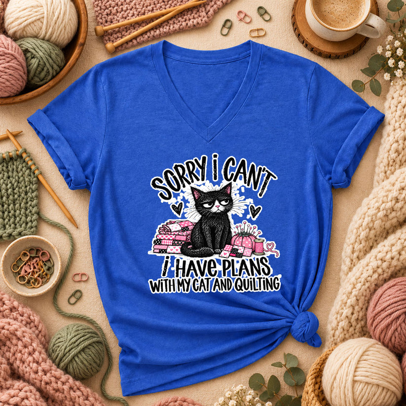 Sorry I Can't I Have Plans With My Cat And Quilting Women's V-Neck - Heather True Royal