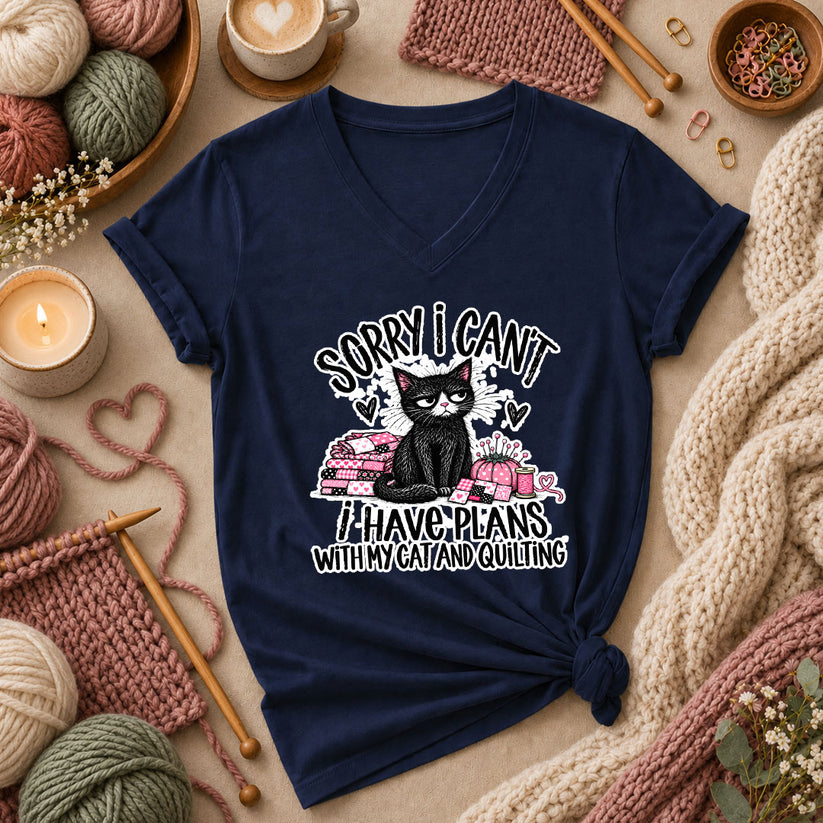 Sorry I Can't I Have Plans With My Cat And Quilting Women's V-Neck - Navy
