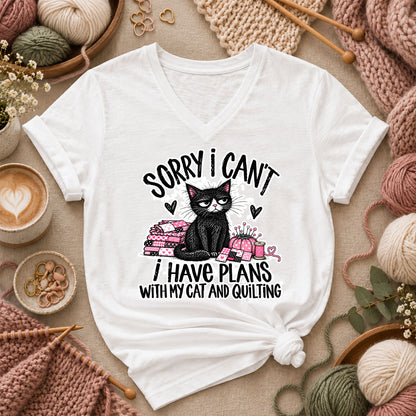 Sorry I Can't I Have Plans With My Cat And Quilting Women's V-Neck - White