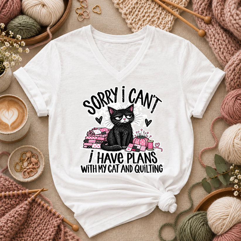 Sorry I Can't I Have Plans With My Cat And Quilting Women's V-Neck - White