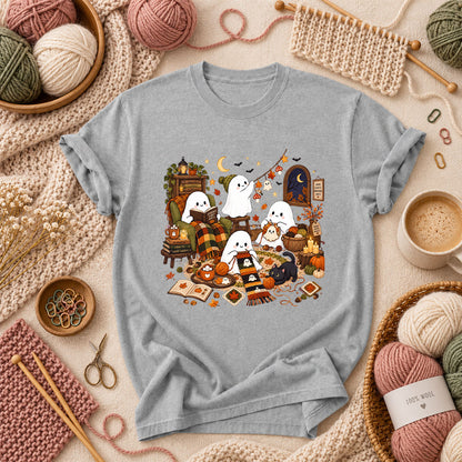 Spooky Cozy Ghost Knitting Season T-Shirt - Athletic Heather