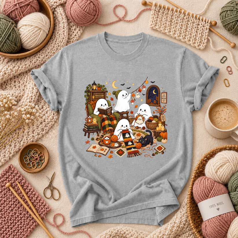 Spooky Cozy Ghost Knitting Season T-Shirt - Athletic Heather