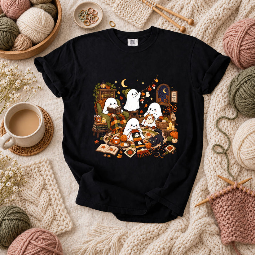 Spooky Cozy Ghost Knitting Season T-Shirt - Black