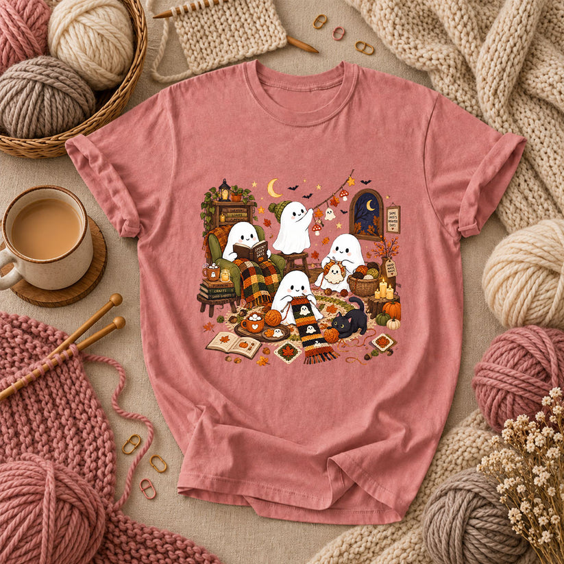 Spooky Cozy Ghost Knitting Season T-Shirt - Heather Mauve