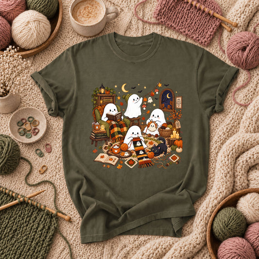 Spooky Cozy Ghost Knitting Season T-Shirt - Military Green