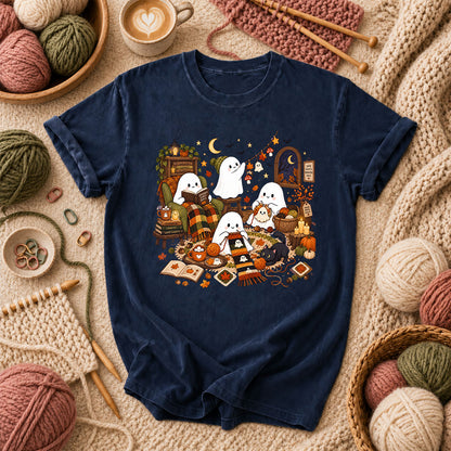 Spooky Cozy Ghost Knitting Season T-Shirt - Navy