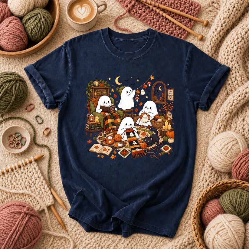 Spooky Cozy Ghost Knitting Season T-Shirt - Navy
