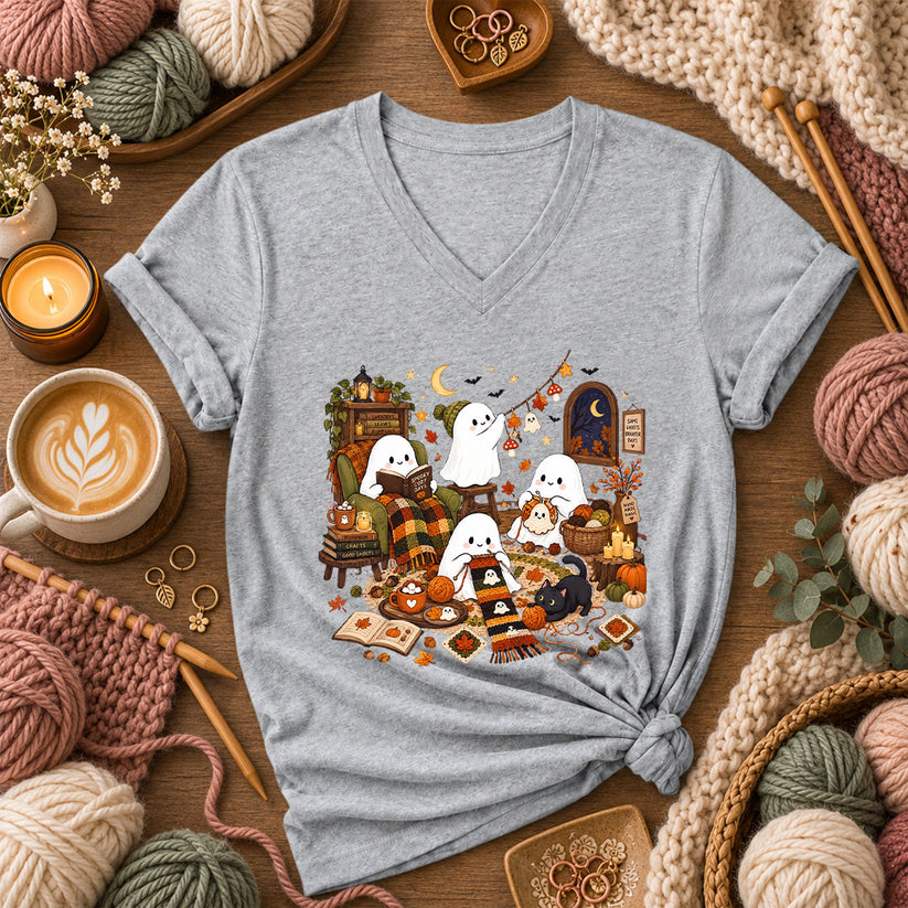 Spooky Cozy Ghost Knitting Season Women's V-Neck - Athletic Heather