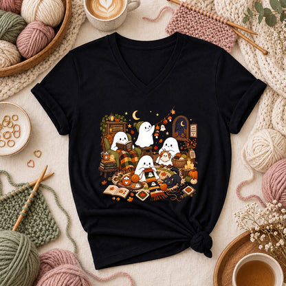 Spooky Cozy Ghost Knitting Season Women's V-Neck - Black