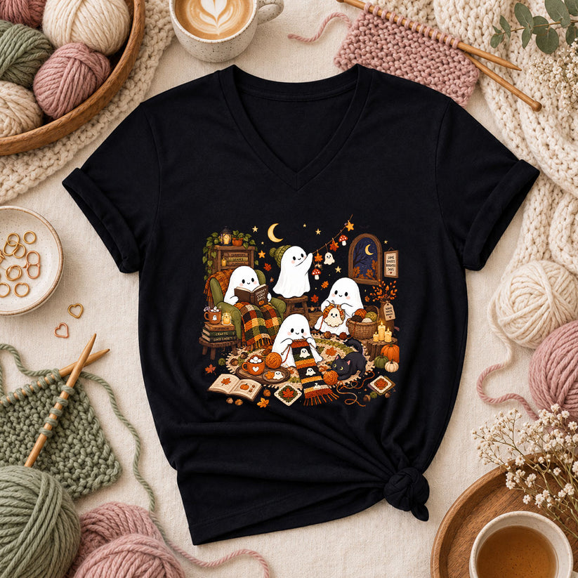 Spooky Cozy Ghost Knitting Season Women's V-Neck - Black