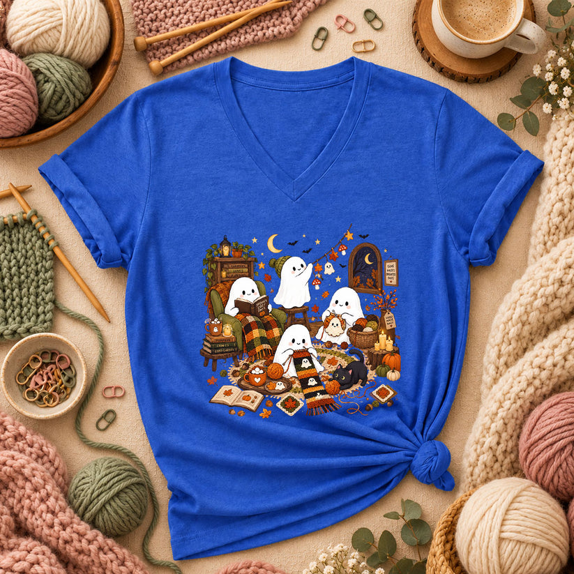 Spooky Cozy Ghost Knitting Season Women's V-Neck - Heather True Royal