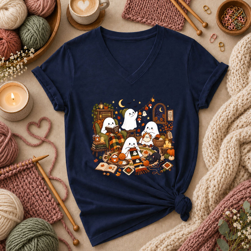 Spooky Cozy Ghost Knitting Season Women's V-Neck - Navy