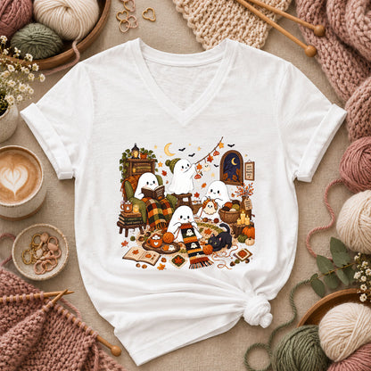 Spooky Cozy Ghost Knitting Season Women's V-Neck - White