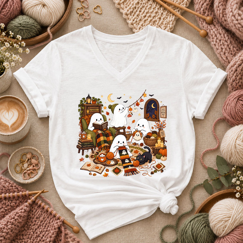 Spooky Cozy Ghost Knitting Season Women's V-Neck - White
