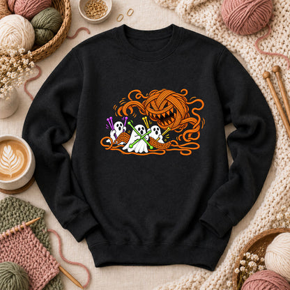 Spooky Pumpkin Yarn Monster Ghosts Long Sleeve - Black