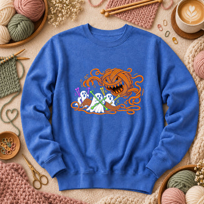 Spooky Pumpkin Yarn Monster Ghosts Long Sleeve - Heather True Royal